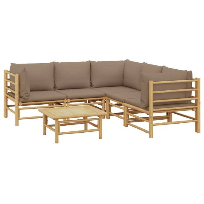vidaXL - 6-delige - Loungeset - met - kussens - bamboe - taupe