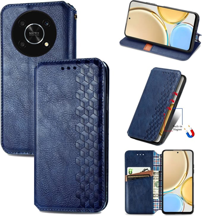 Luxe PU Lederen Ruitpatroon Wallet Case voor Honor Magic4 Lite _ Blauw