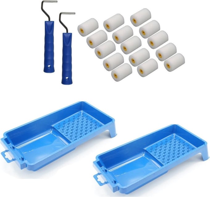 15x verfrollers / schuimrollers fijn incl 2 rollerbeugels en 2 verfbakjes - 15 cm - geschikt voor diverse soorten verf - schilderbenodigdheden
