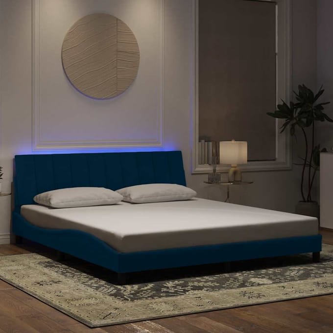 vidaXL - Bedframe - met - LED - zonder - matras - "Hanko" - - fluweel - blauw - 180x200 - cm