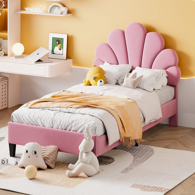 HAUSS SPOLE Gestoffeerd Bed 90x200 - Kinderbed Met Lattenbodem En Stevig MDF Frame - Fluweel - Roze