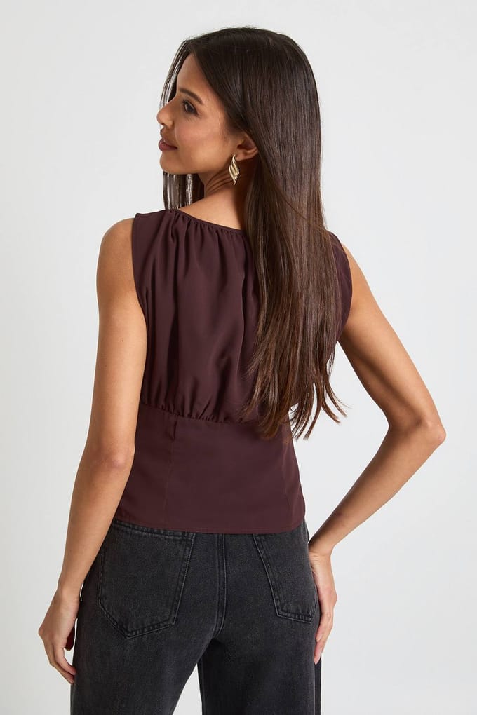 boohoo Dames Chiffon top met ruches | Chocolate | Maat: 6