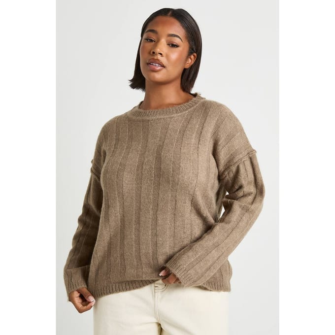 boohoo Dames Plus Soft Wide Rib Oversized Trui | Mokka | Maat: 46