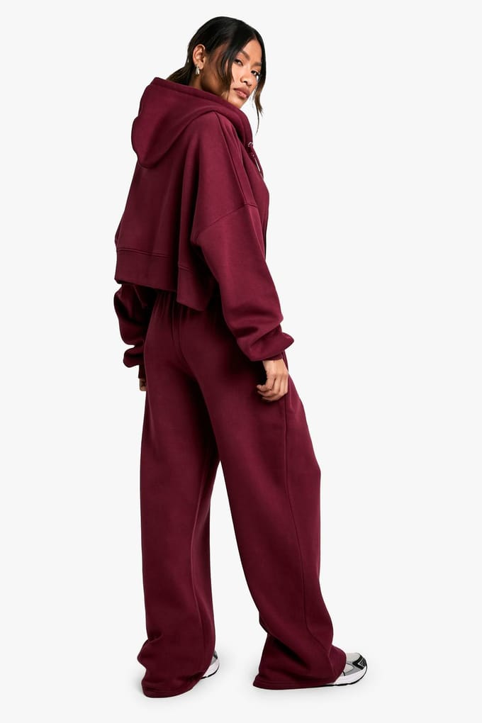 boohoo Dames Geribde V-Hals Top 3-delig Trainingspak met Capuchon | Bordeaux Rood | Maat: Small