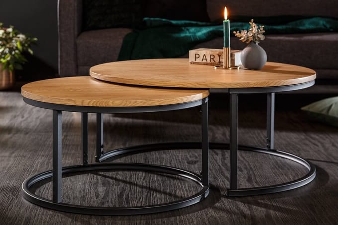 industriële stijl Ronde eikenlook 80 cm salontafel set van 2