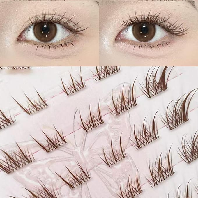 Geen Lijm Nodig Fox Eye Effect Pluizige Nepwimpers Zelfklevend Herbruikbaar DIY Gesegmenteerd Dik Gevleugeld Wimperextensions Dagelijks Gebruik beige