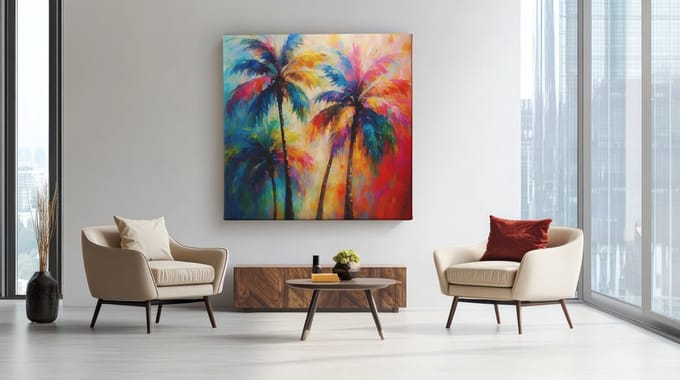 Vierkant Canvas Schilderij - Kleurrijke palmbomen - Kunst - 40x40x2 cm