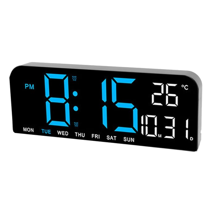 Digitale wekker, groot LED-display, bureauklok met temperatuur, datum en weekweergave, instelbaar blue