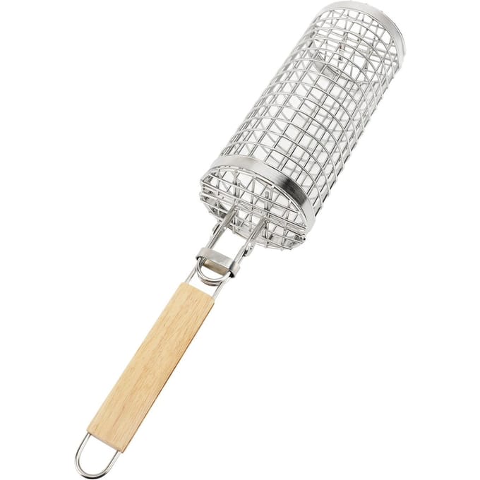 Rollende Grillmand Open Sluit Type RVS Mand Houten Handvat Rollend Grillnet voor white