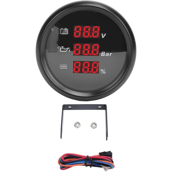 52mm Digitale Spanning Oliedruk Waterniveau Meter Waterdicht Rode Achtergrond Oliedruk Waterniveau Voltmeter voor Black Dial Black Bezel