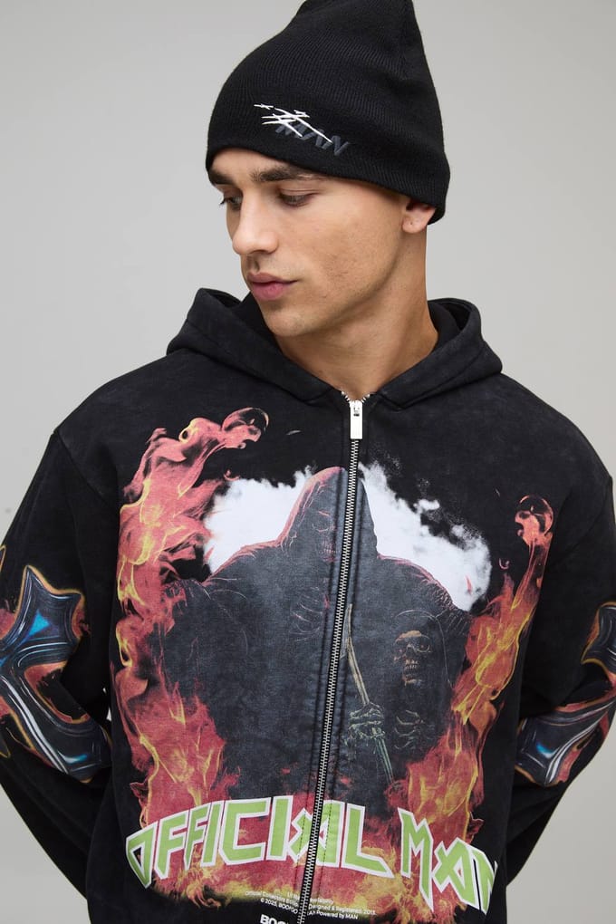 Oversized Boxy Acid Wash Gothic Graphic Zip Through Hoodie | Black | Size Medium