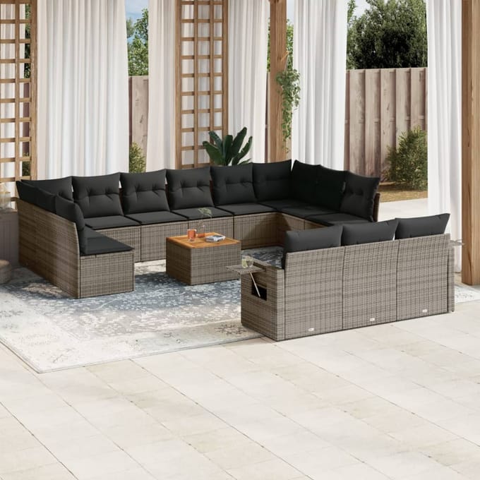 vidaXL - 14-delige - Loungeset - met - kussens - poly - rattan - grijs