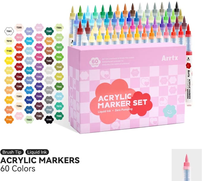 Arrtx - Acrylmarkers - Direct Liquid Ink - Paint Brush Tip Markers - 60 kleuren
