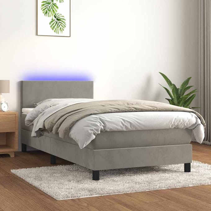 vidaXL - Boxspring - met - matras - en - LED - fluweel - lichtgrijs - 80x200 - cm