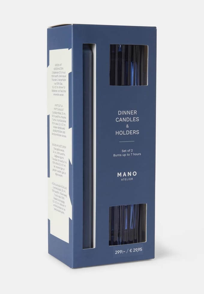 Cadeauset met 2 Dinner blauw kaarsen en kandelaars