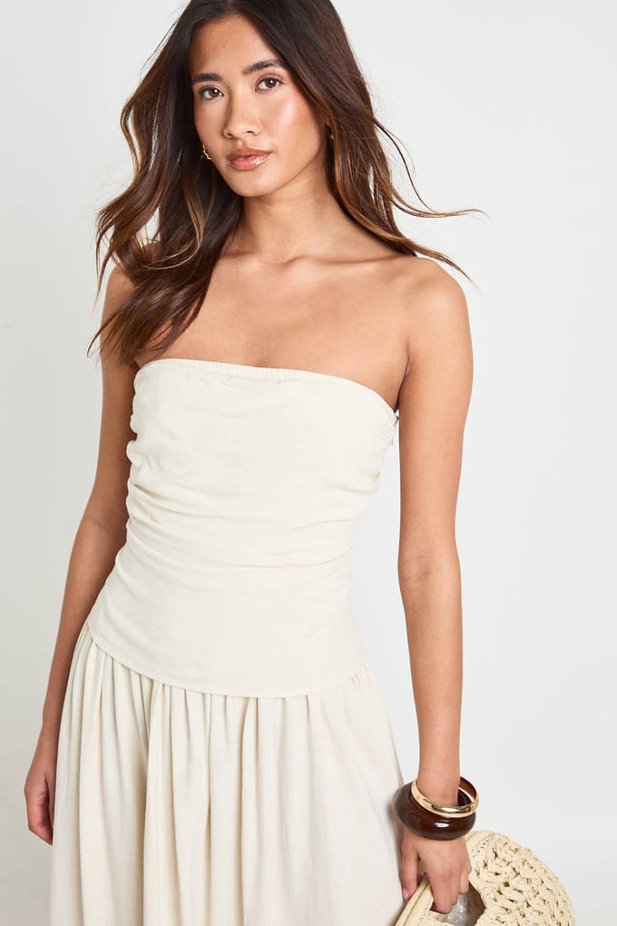 boohoo Dames Premium Linnen Bandeau Midaxi Jurk | Neutral | Maat: 40
