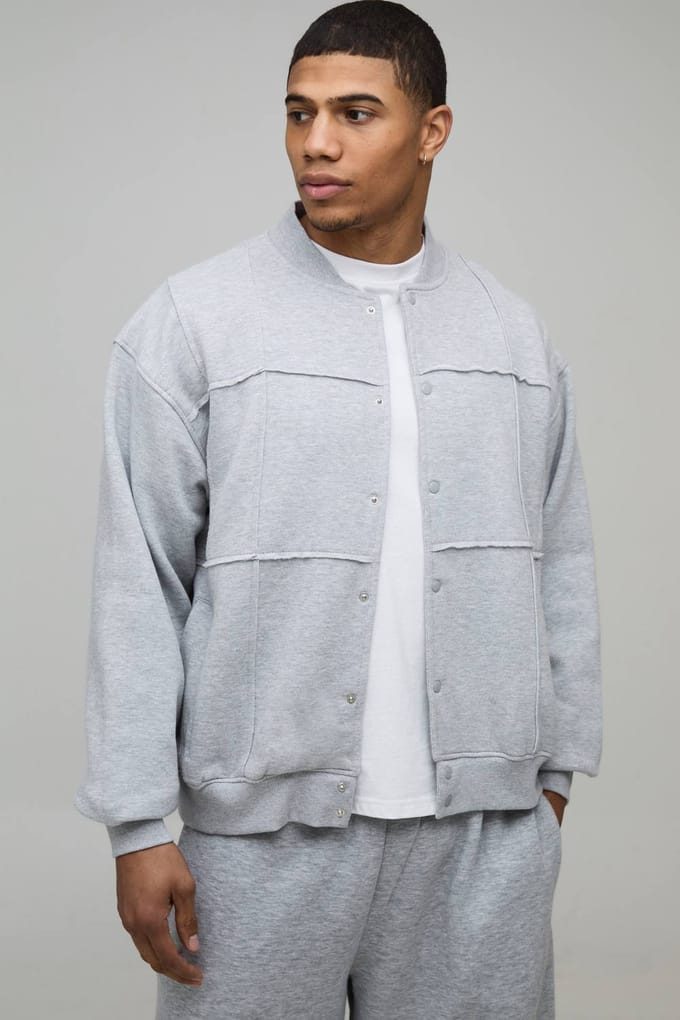Boxy Fit Geplooide Paneel Jersey Bomber Jacket | Grey | Size Small