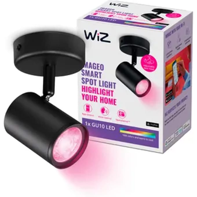 WiZ Plafondlamp Imageo - Opbouwspot - 1 spot - Gekleurd en Wit Licht - Slimme LED Verlichting - GU10 fitting - 1x 5W - Zwart - Wi-Fi