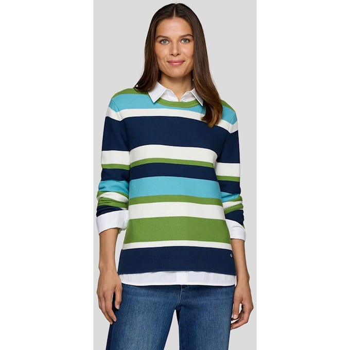 Tricot pullover met blokstrepen - turquoise / blauw / gebroken wit - Gr. 46 van Goldner Fashion
