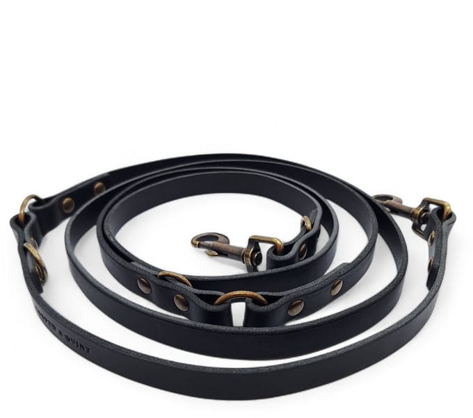 Cooper & Quint Switch Verstelbare Leren Hondenriem - Zwart - 2cm - Oud Messing