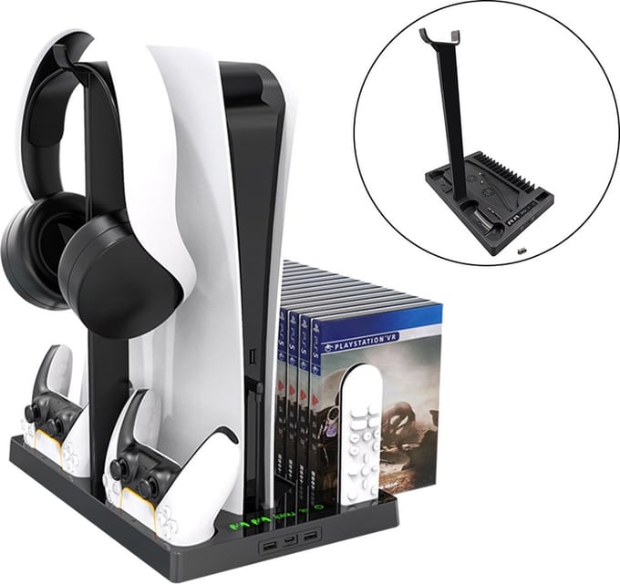 DrPhone DPS6 Multifunctionele Magnetische Controller Laadstation + Koelventilator – Touchscreen – Headsethouder met USB & USB C poorten & Spelopslag – Geschikt Voor PS5 DISK / Digitale Versie - Zwart