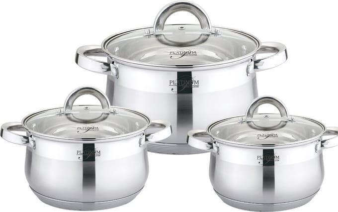 Platinum PL-10011 Pannenset 16-18-20 Cm Rvs/glas Zilver 6-delig