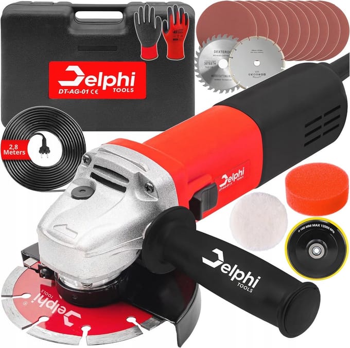 Haakse slijper 1500W met toerentalregeling en accessoires