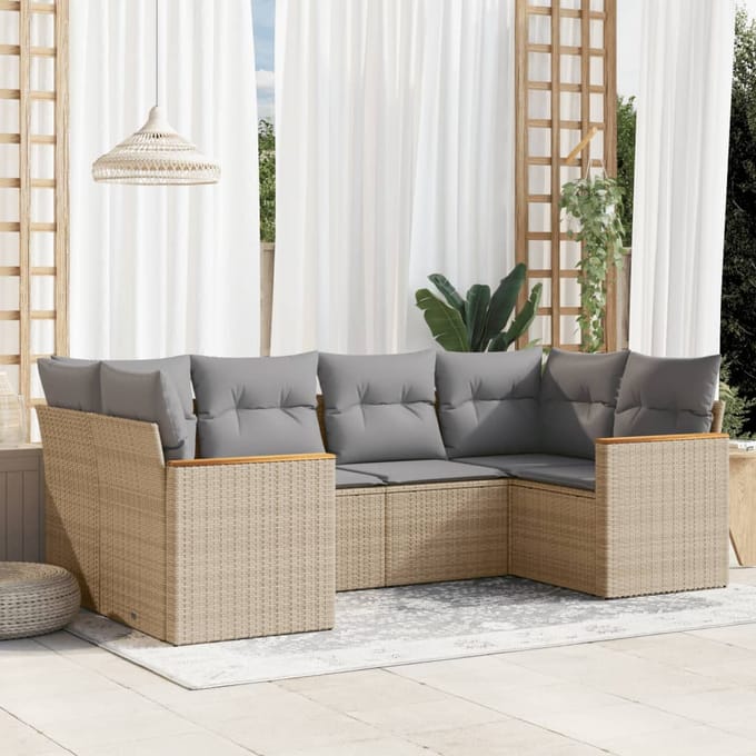 vidaXL - 6-delige - Loungeset - met - kussens - poly - rattan - gemengd - beige