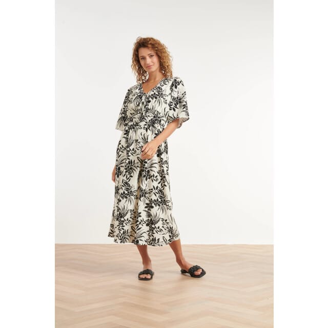 Smashed Lemon Zwart-witte jurk met tropische print en strikdetail |
