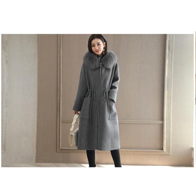 Damesjas van dikke wol voor herfst en winter, lange jas met bontkraag 3XL gray