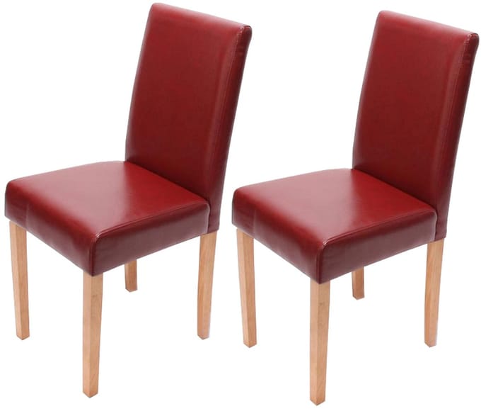 Set van 2 eetkamerstoelen Keukenstoel Littau ~ leer, rood, lichtgekleurde poten