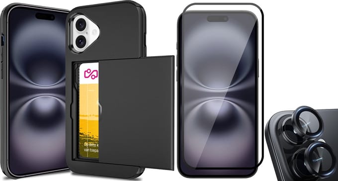 Hoesje met Pasjeshouder geschikt voor iPhone 16 Plus - Screenprotector FullGuard & Camera Lens Screen Protector Zwart - Back Cover SlideCase Zwart