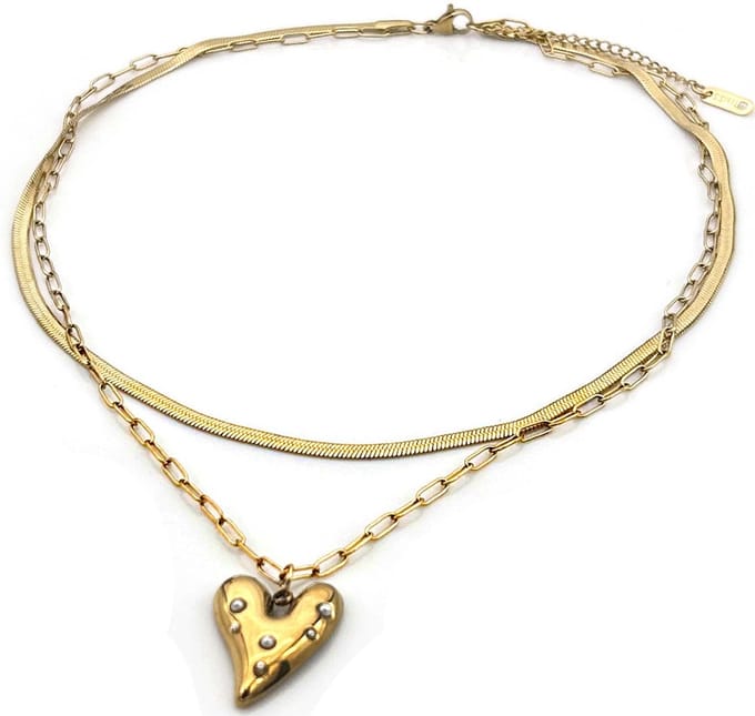 Ketting layered hartjes - RVS - goudkleurig - 40-45 cm – valentijn – cadeau