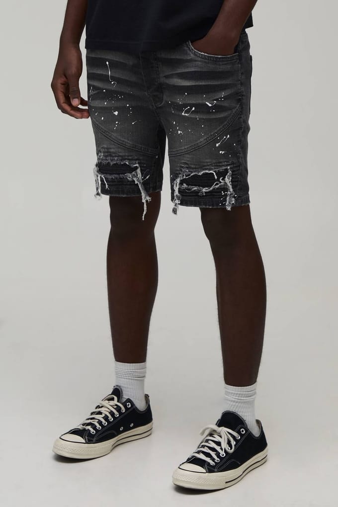 Super Skinny Biker Rip & Repair Paint Splatter Denim Shorts | Black | Size 44