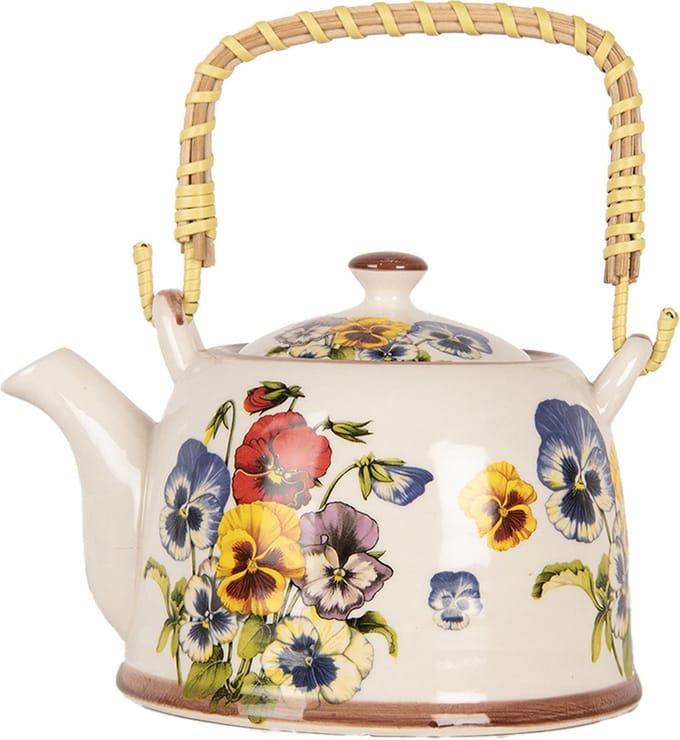 Clayre & Eef Theepot met Filter 800 ml Wit Blauw Keramiek Bloemen