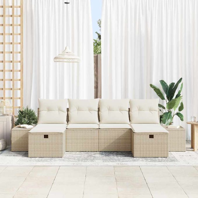 vidaXL Tuinbank Set met kussen met opslag 6 pcs Beige poly rattan