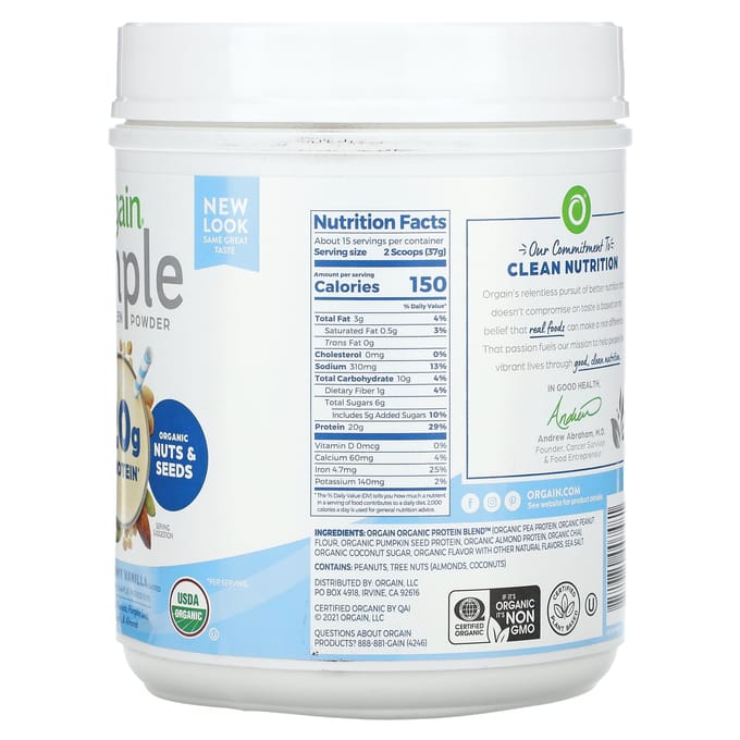 Orgain, poudre de protéines simple à base de plantes, vanille crémeuse, 567g (20 oz)