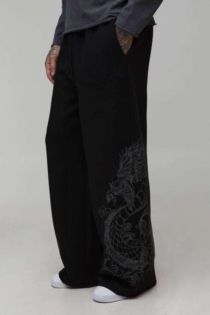 Tall Extreme Wide Leg Dragon Graphic Joggers | Black | Size 2XL