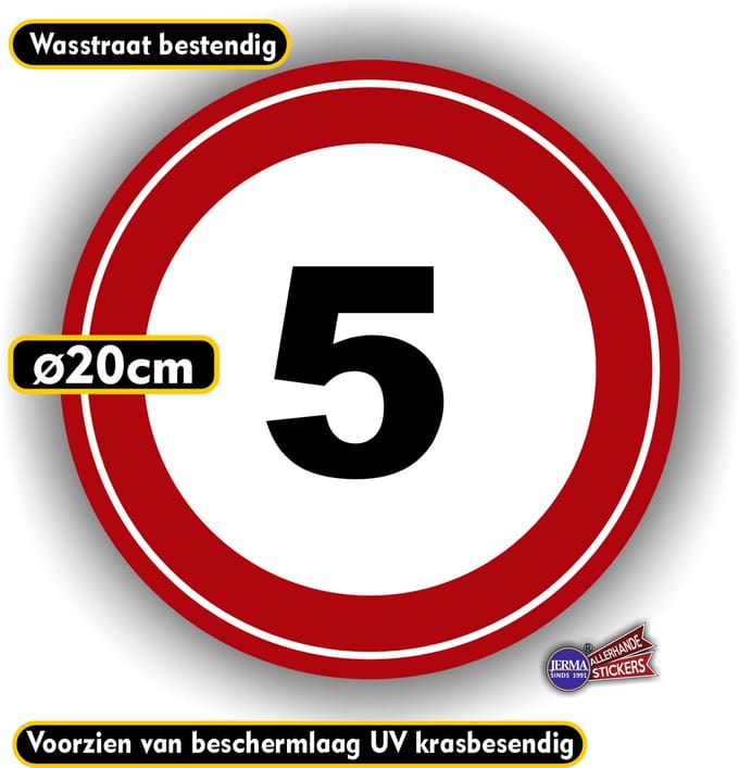 Jerma - Maximumsnelheid - 5 km/h - Sticker - Ø 20 cm - Zelfklevend - Vinyl - Weerbestendig - Krasvrij