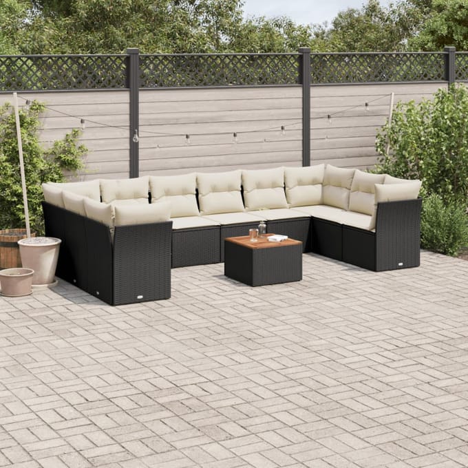 vidaXL - 11-delige - Loungeset - met - kussens - poly - rattan - zwart