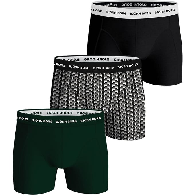 Björn Borg Cotton Stretch boxers - heren boxers normale lengte (3-pack) - zwart - print - groen