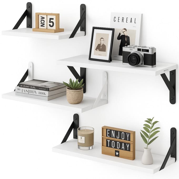 BOTC Zwevende Wandplank - 4 Stuks - Handdoekhouder - Modern - Hout - Wit