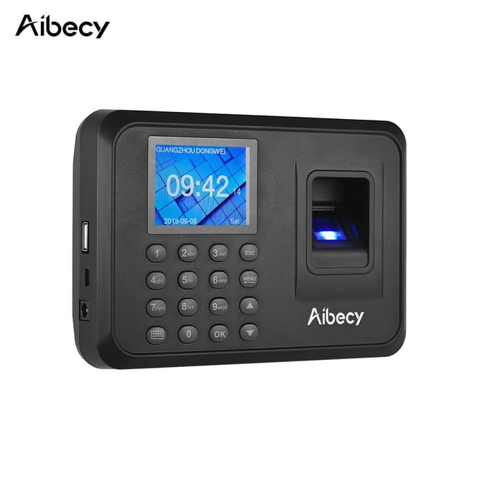 Aibecy Biometrische Vingerafdruk Wachtwoord Aanwezigheidsmachine Meertalig met 2,4 inch LCD-scherm US Plug zwart