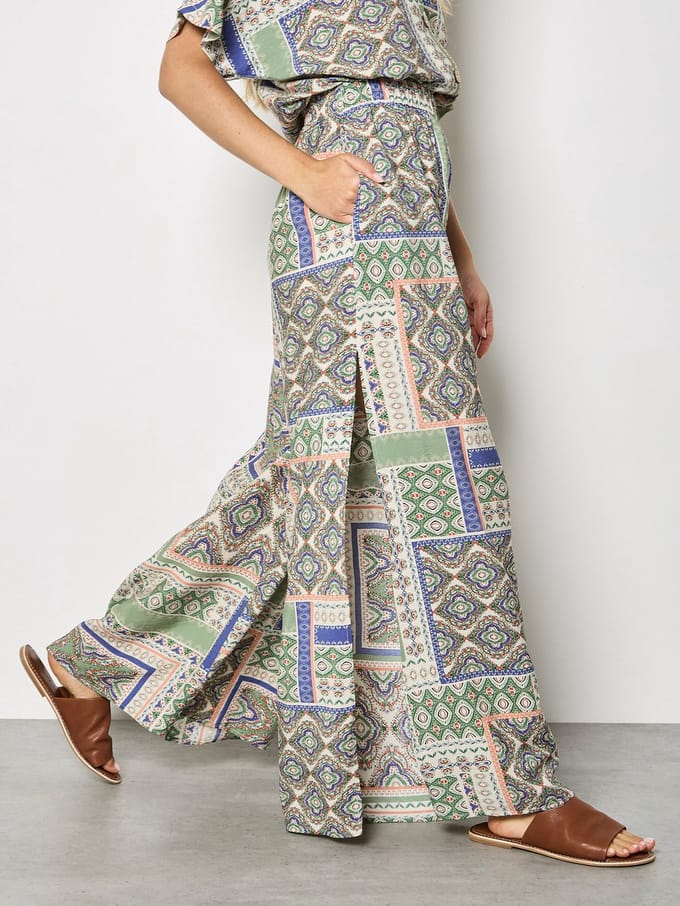Folk patchwork broek met wijde pijpen