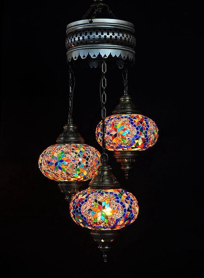 Turkse lamp - hanglamp met mozaïek glas - 3 bollen - multicolour - 80 cm hoog - E-14 fitting
