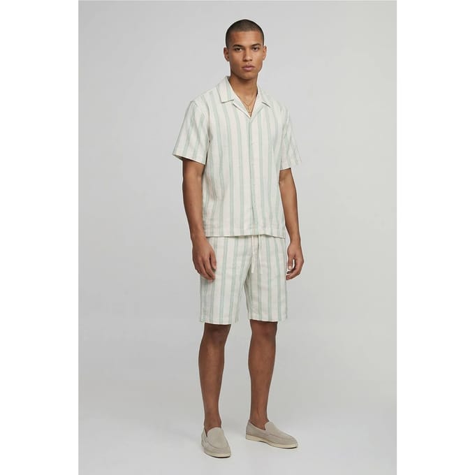 Geborduurd Gestreept Oversized Shirt & Wijde Korte Broek Set | Sage | Size Medium
