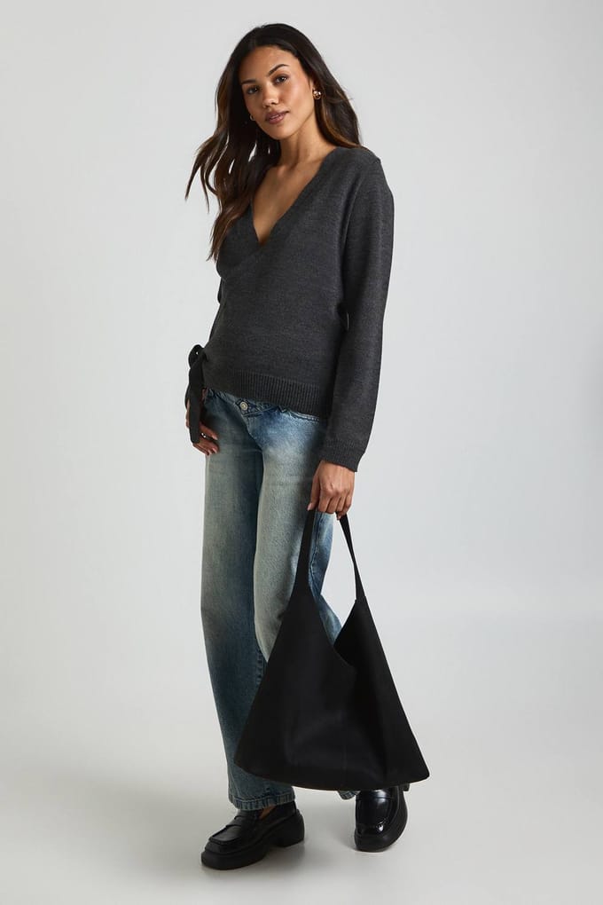 boohoo Dames Zwangerschaps laag gewikkelde gebreide cardigan | Chocoladebruin | Maat: Medium