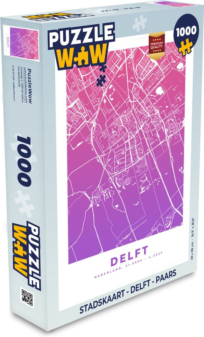 Puzzel Stadskaart - Delft - Paars - Legpuzzel - Puzzel 1000 stukjes volwassenen - Plattegrond