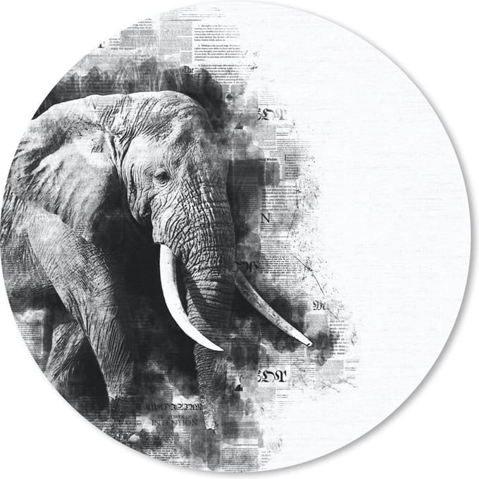 Muismat rond 20x20 cm - Mousepad Olifant - Krant - Verf - Zwart -Wit - Ronde muismatten