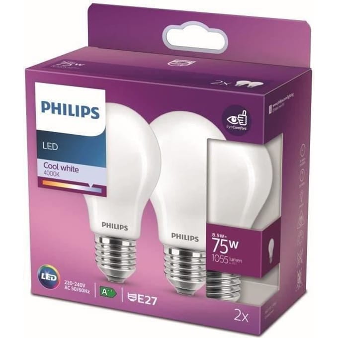 Philips ampoule LED Equivalent 75W E27 Blanc froid non dimmable, verre, lot de 2